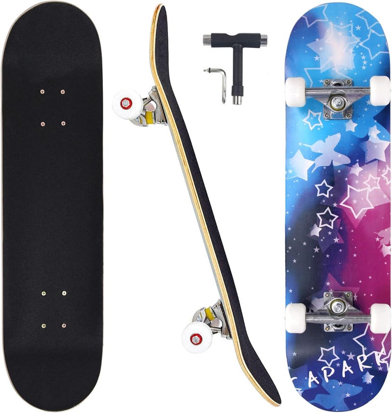CAPARK Skateboards for Beginners Adults Youths Teens Kids Girls Boys 31 Inch Pro Complete Skate Boards 7 Layer Canadian Maple Double Kick Concave Longboards - Image 1